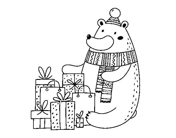 Bear with Christmas gifts coloring page