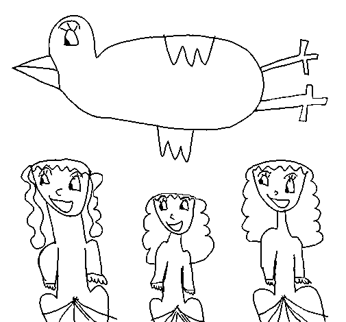 Bird flying over some girls coloring page