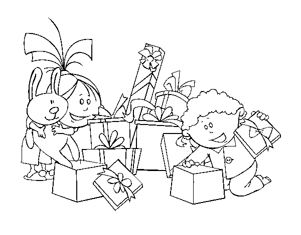 Children and presents coloring page