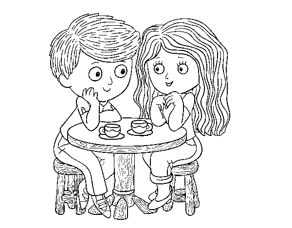 Children drinking coffee coloring page