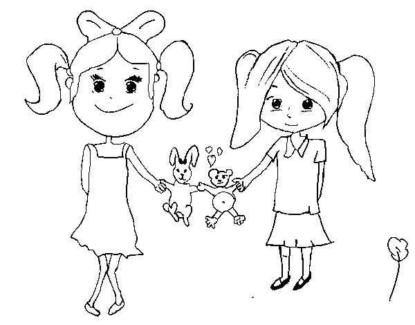 Girls with stuffed animals coloring page