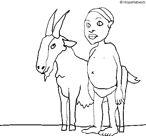 Goat and African boy coloring page