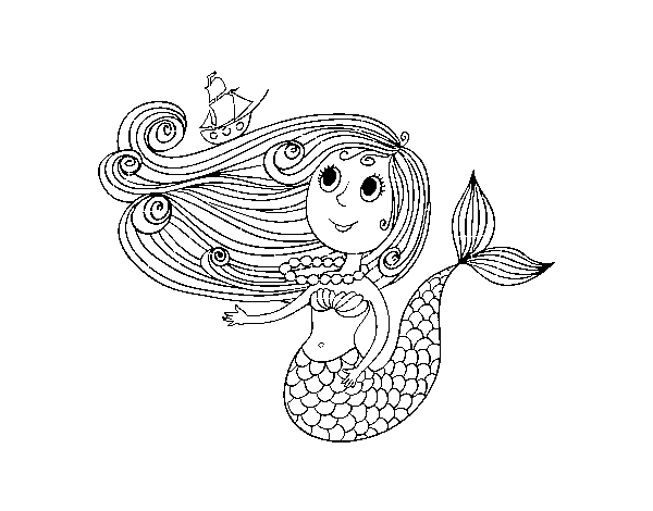 Mermaid with a small boat coloring page