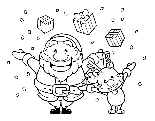 Santa and reindeer with presents coloring page