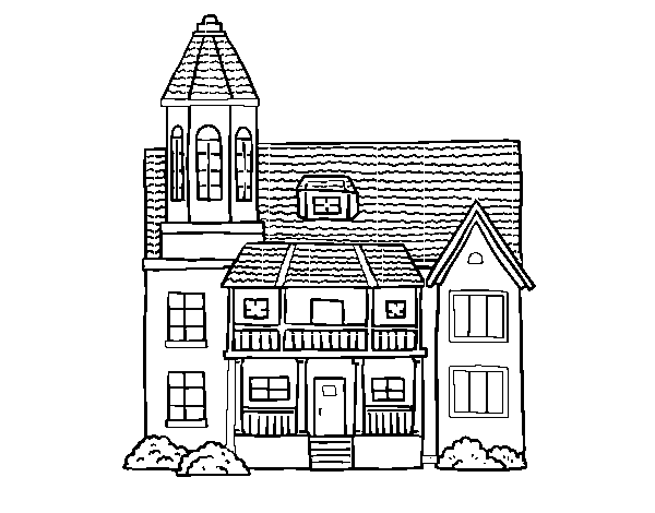 Two-story house with tower coloring page