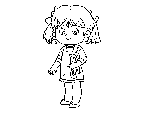 A little girl with kitten coloring page