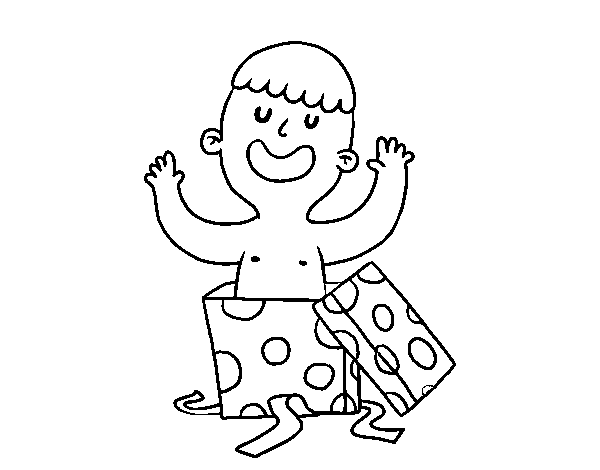 Boy playing with a present box coloring page