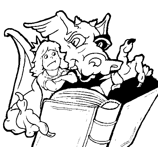 Dragon, girl and book coloring page