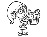 Elf with a present coloring page