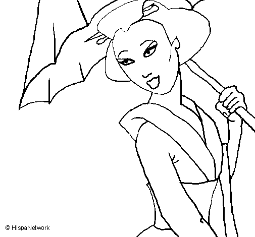 Geisha with umbrella coloring page