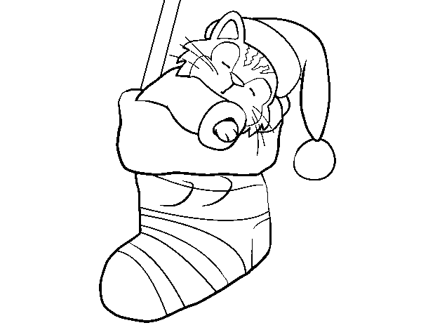 Kitten sleeping in a Christmas stocking coloring page