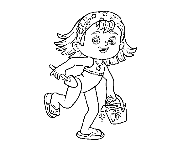 Little girl with beach bucket and spade coloring page