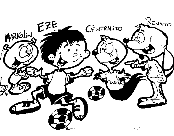 Markolin, Eze, Centralito and Renato playing football coloring page