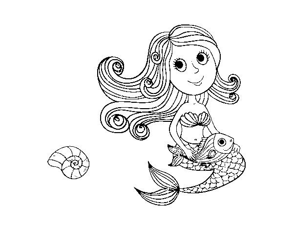 Mermaid and her fish coloring page
