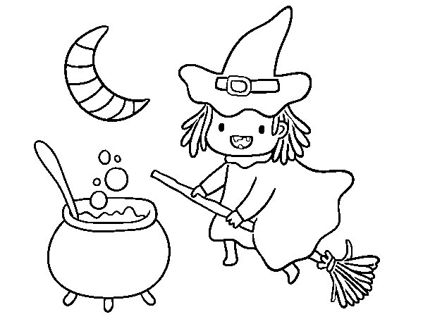 The flying witch and her potion coloring page