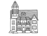 Two-story house with tower coloring page