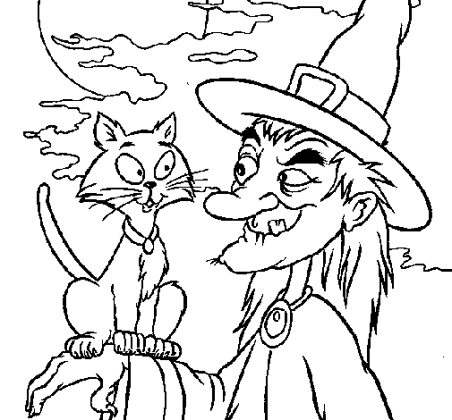 Witch and cat coloring page